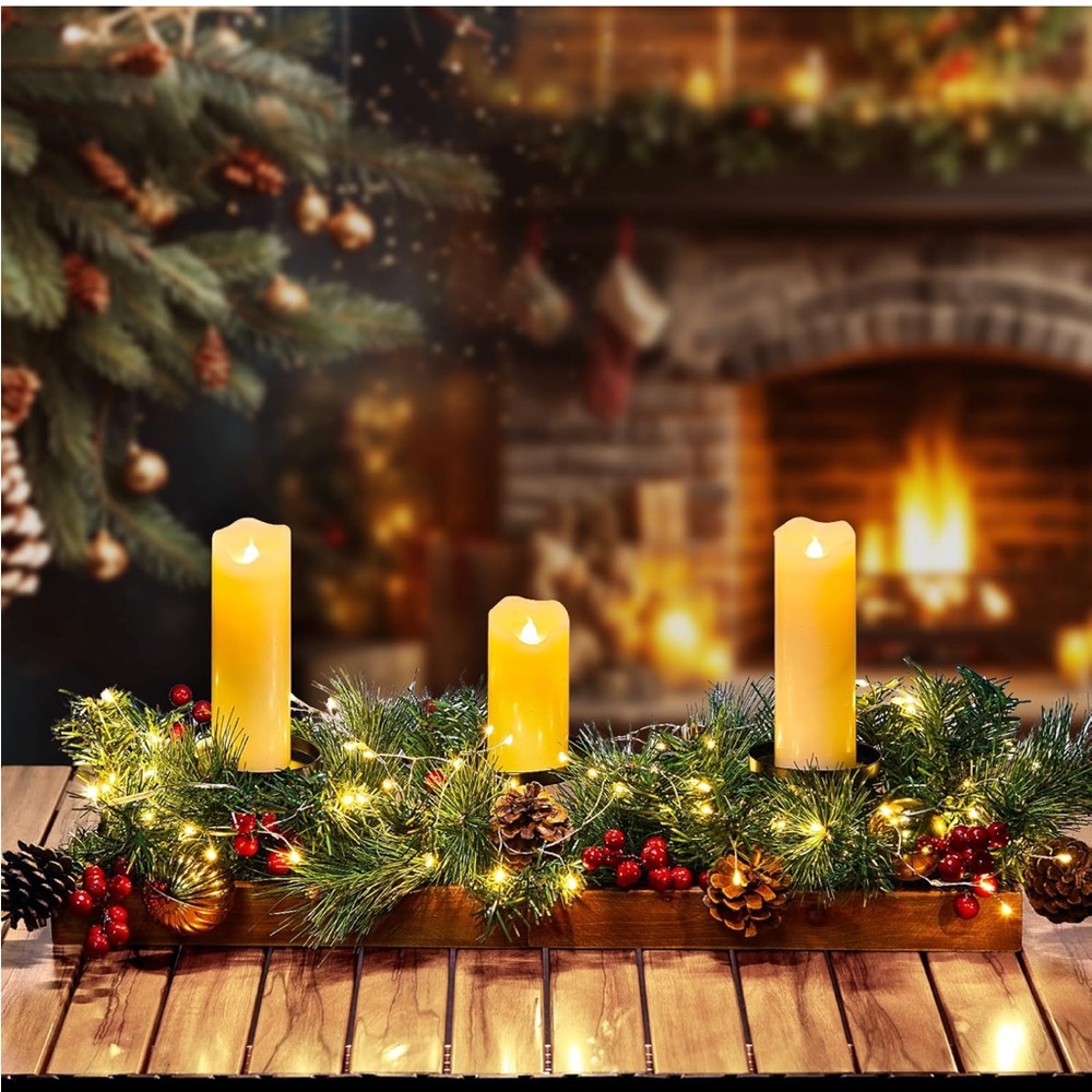 Holiday‎ Candle Holder Fairy Lights, Pine Cones, Berries NIB